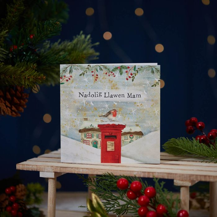 Christmas card 'Nadolig Llawen Mam' postbox