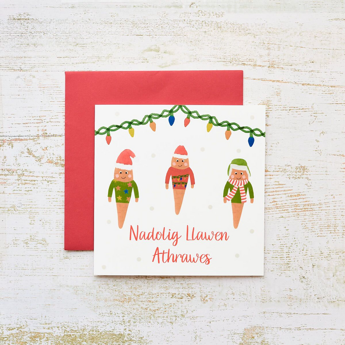 Christmas card 'Nadolig Llawen Athrawes' carrots