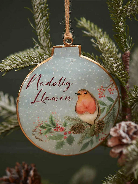 Metal Christmas Bauble Decoration - Nadolig Llawen - Robin