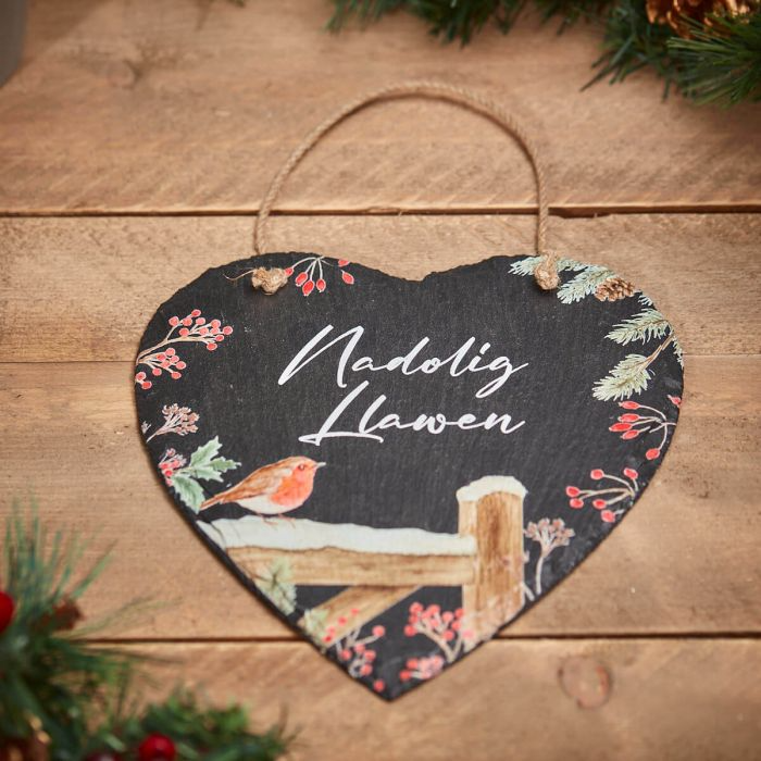 Christmas Heart Slate Plaque - Robins - 'Nadolig Llawen'