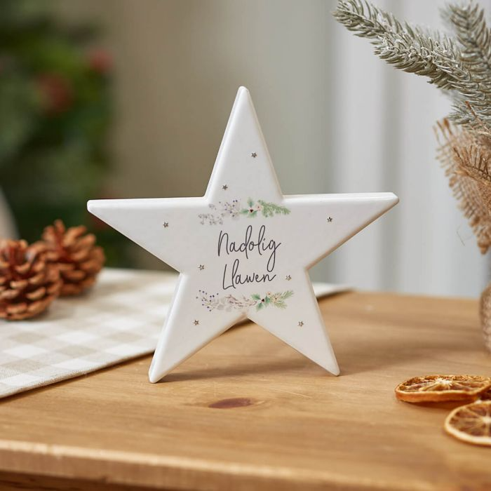 Nadolig Llawen star ceramic block - Festive Foilage