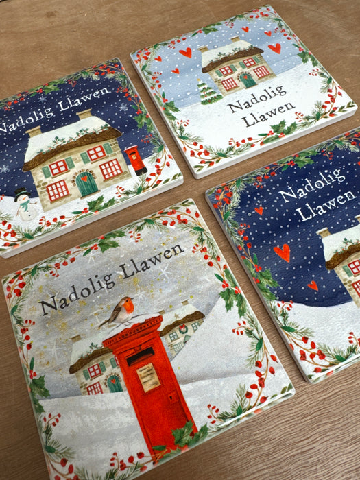 Nadolig Llawen cottage coasters - set of 4