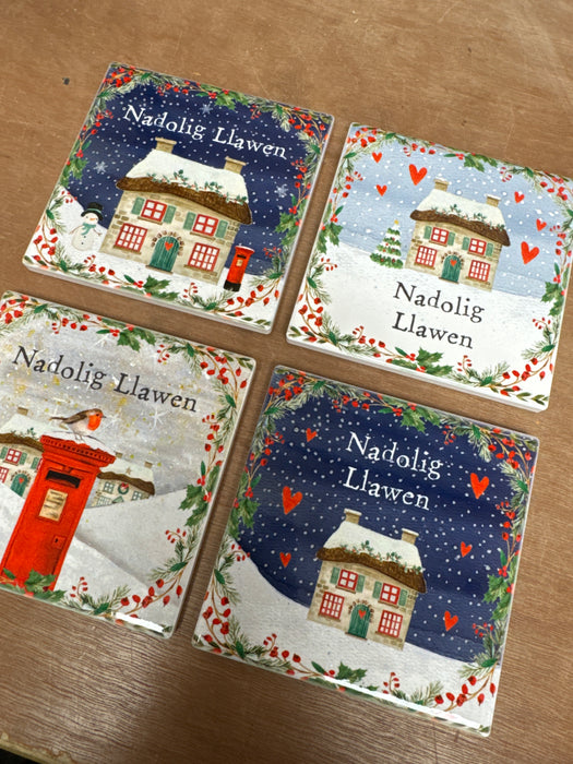 Nadolig Llawen cottage coasters - set of 4