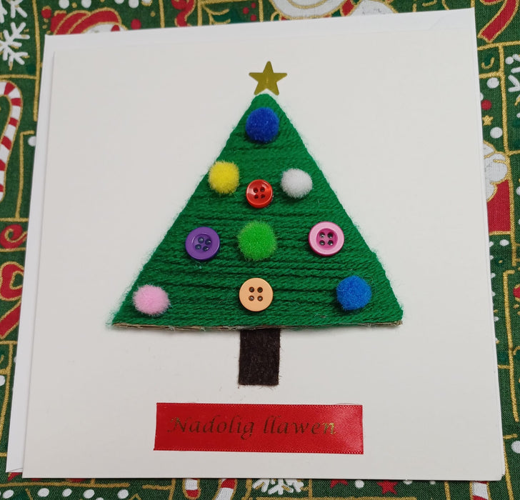 Handmade Welsh Christmas card 'Nadolig Llawen' - Pompom tree